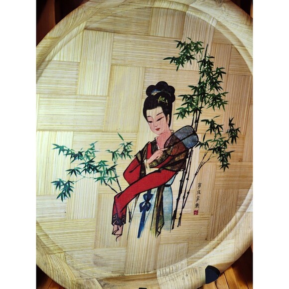 Vintage Bamboo Tray Set of 2 – Painted Floral – Boho Bohemian Decor – Taiwan - Picture 5 of 6